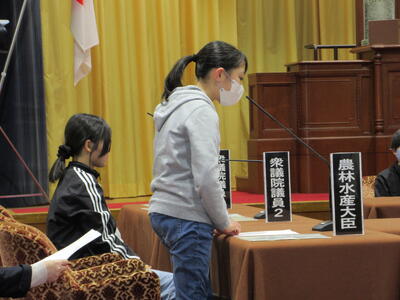 参議院体験プログラムで農林水産大臣役として、意見を伝えている児童